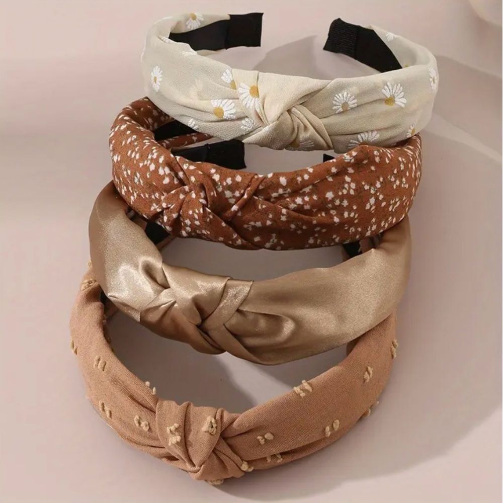 4pcs Retro Brown Daisy Print Braided Hairbands - Picture 1 of 4